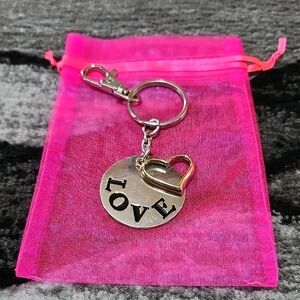 ENGRAVED LOVE & HEART SHAPED CHARM SPLIT-RING KEYCHAIN SILVER & GOLD TONES